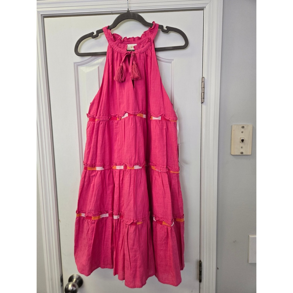 J. Marie Hot Pink Tiered Halter Mini Dress Embroidered Tassel Barbiecore L NWT